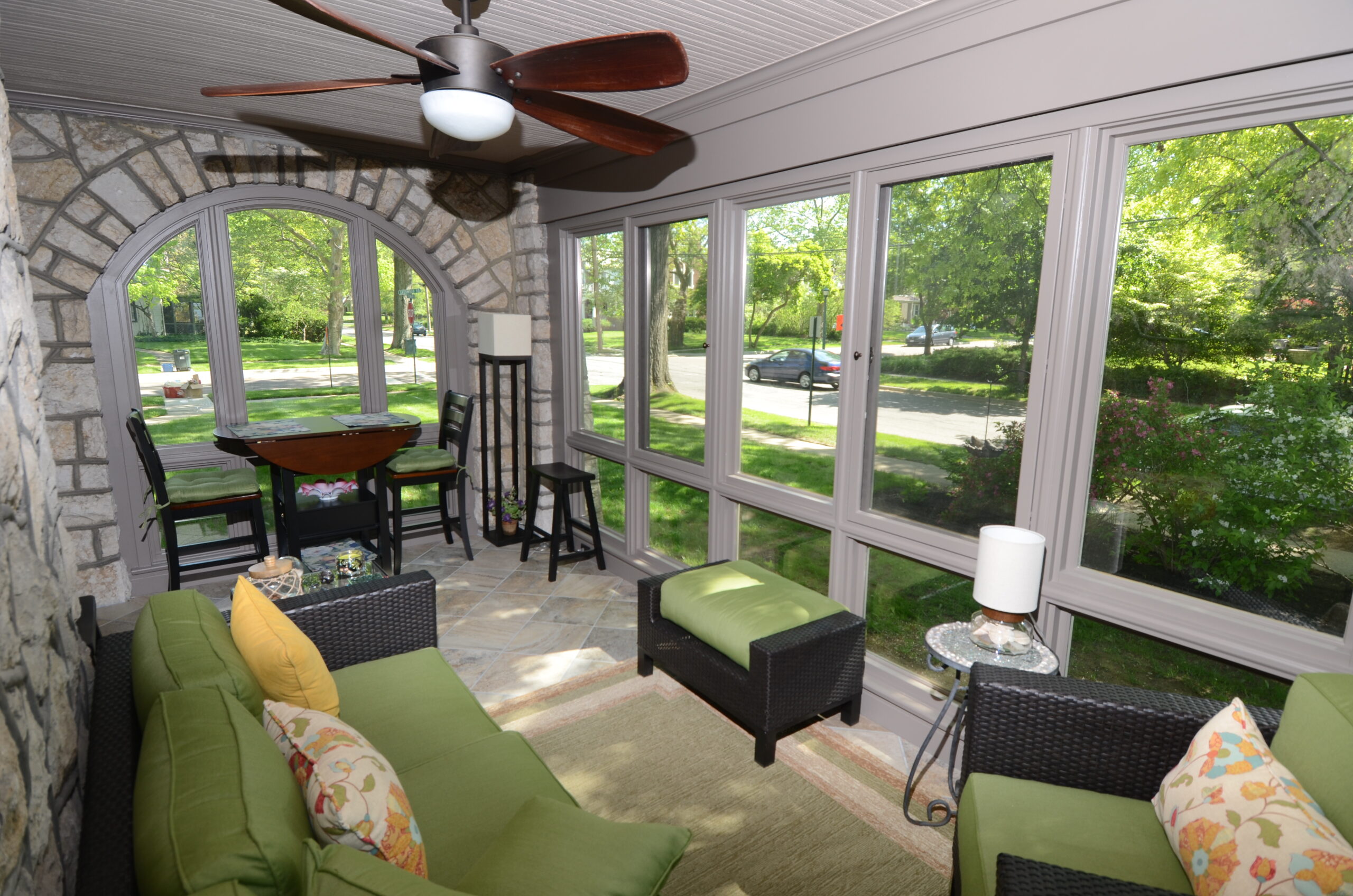 A porch converted into a room addition. 