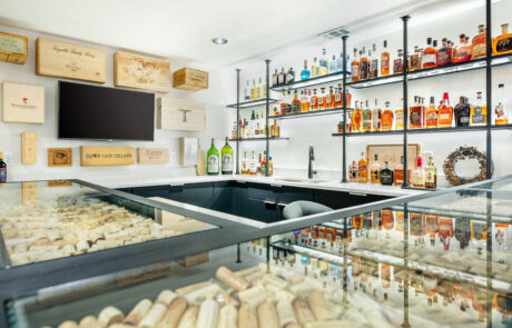 Basement bar with corks in counter