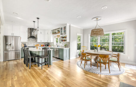 Kitchen and dining renovation with white and blue gray two-toned cabinets