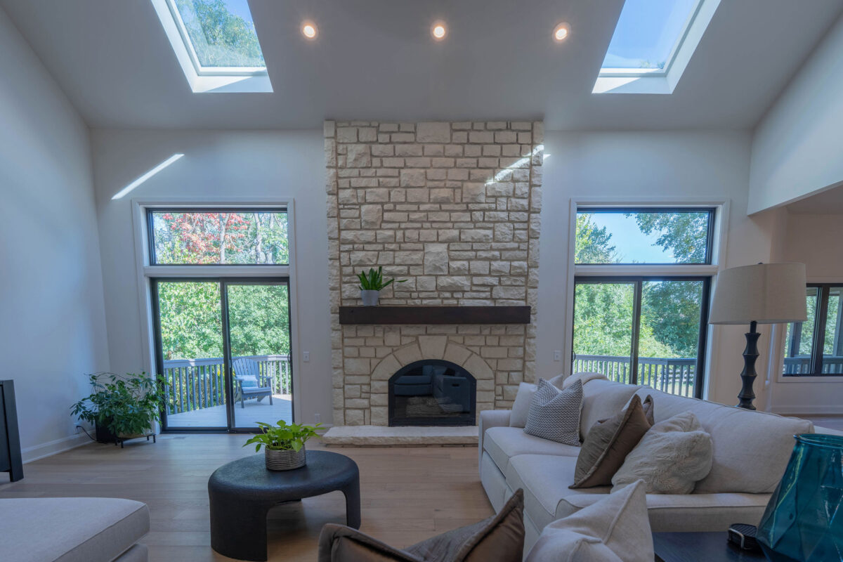 Great Room Remodel with Fireplace and Skylight
