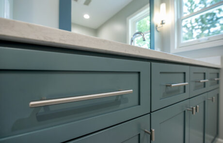 Blue bathroom vanity closeup of drawers
