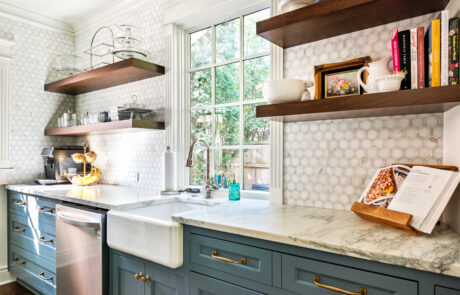 Kitchen with Floating Shelves By Sink