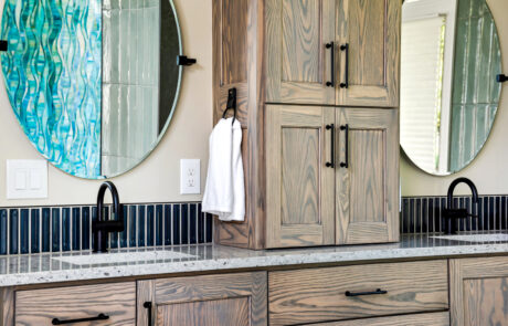 Bathroom Design Inspiration 12 Custom double vanity with storage in between sinks.
